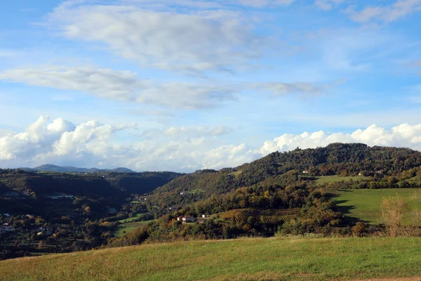 Wide Hilly Panorama Meadows Rolling Hills Sunny Day — Stock Photo, Image