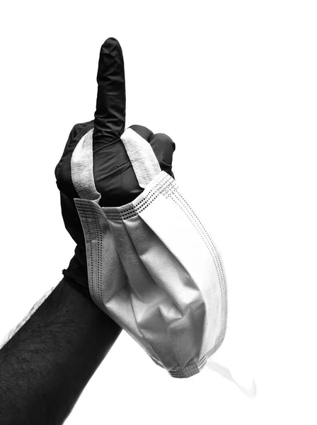 Hand Met Chirurgische Handschoen Met Middelvinger Opgeheven Als Een Teken — Stockfoto