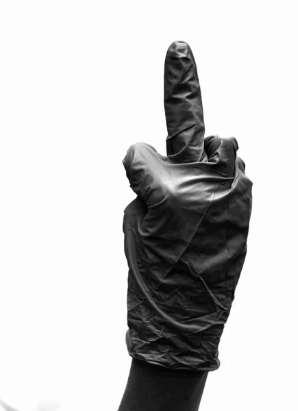 Hand Surgical Glove Middle Finger Raised Sign Offense Western Sign — Stock Photo, Image
