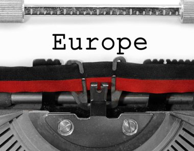 Europe text writen with an old vintage typewriter with black ink on white paper