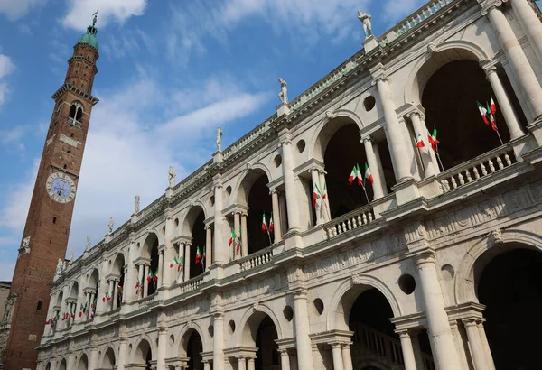 Tower Historic Monument Called Basilica Palladiana City Vicenza Many Flags — Zdjęcie stockowe