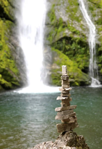 High Pile Stones Waterfall Mountains Called Cairn Little Man Mountaineers — Fotografia de Stock