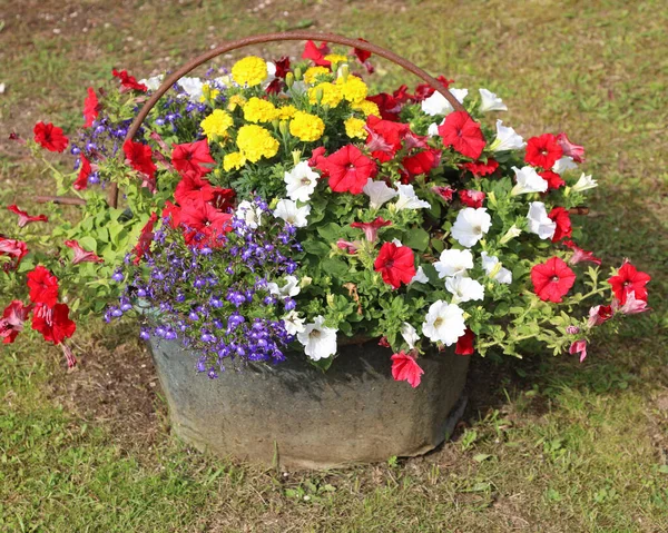 Vaso Flores Contidas Dentro Caldeirão Cobre Para Decorar Jardim Primavera — Fotografia de Stock