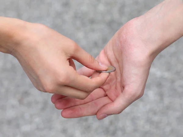 Two Hands Children Coin While Giving Alms — Stock Photo, Image