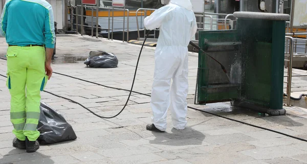 Disinfestation Street Furniture Coronavirus Epidemic Worker Protective White Overalls — Stock Photo, Image