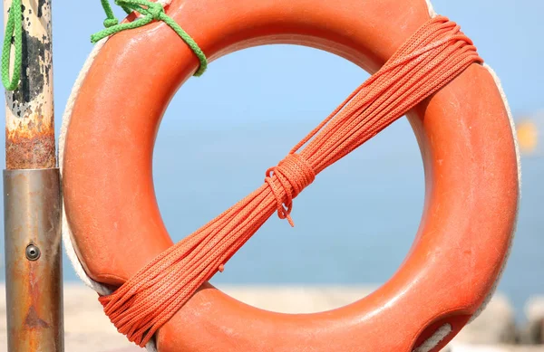 Big Orange Lifebuoy Rope Rescue Any Swimmers Sea — Stock Photo, Image