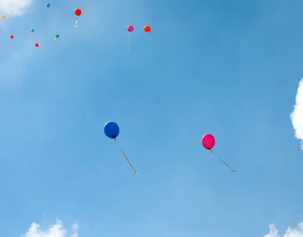 Twee Ballonnen Blauw Rood Vliegen Lucht Tijdens Het Feest — Stockfoto