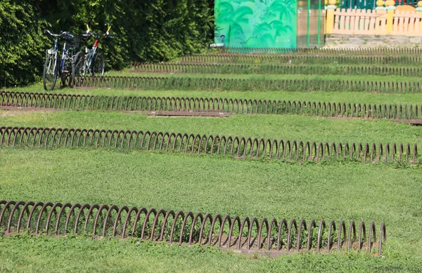 Empty Bicycle Parking Racks Made Metal Vehicle Due Crisis Lockdown — Stock Photo, Image