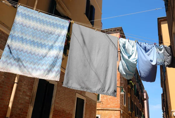 Many Clean Clothes Hanging Out Dry Sun Mediterranean Town Summer — Stock Photo, Image