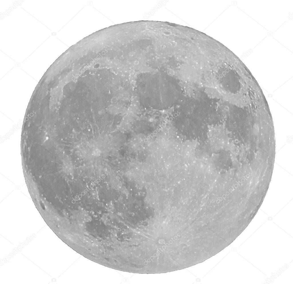 Greatest moon with visible craters on white background