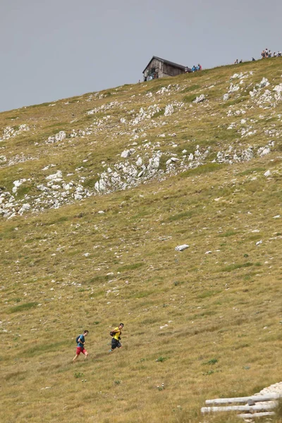 Dos Jóvenes Excursionistas Caminan Largo Ladera Alta Montaña Para Llegar —  Fotos de Stock
