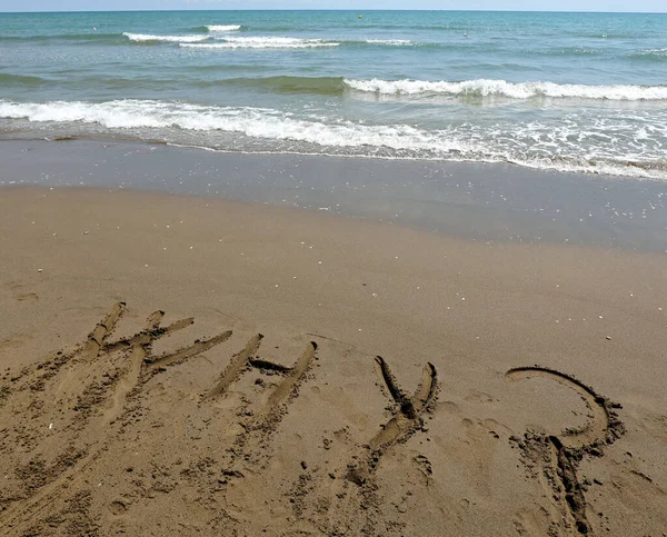 Texto Grande Por Qué Playa Junto Mar — Foto de Stock