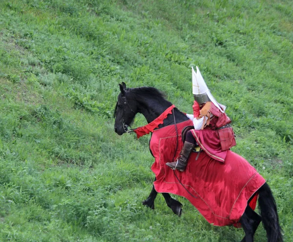 Ridder te paard met middeleeuws kostuum en het Bisschoppelijk hoed — Stockfoto