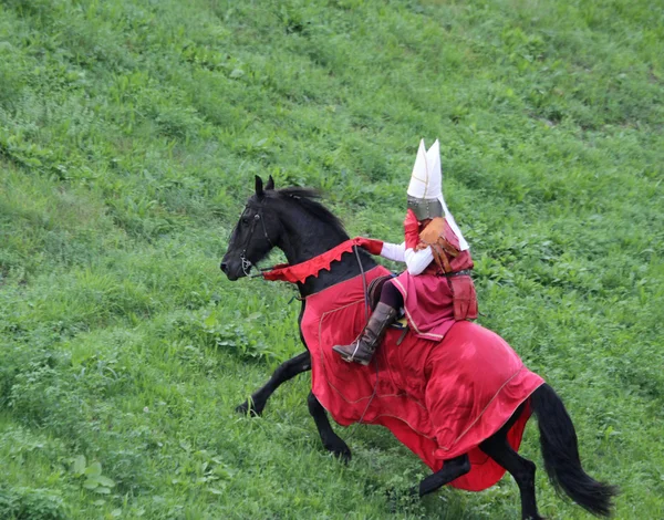 Cavaleiro a cavalo com traje medieval e chapéu do Bispo — Fotografia de Stock