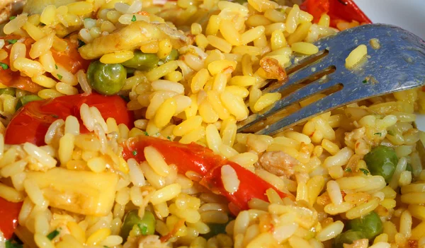 Tenedor con excelente arroz valenciana y paella —  Fotos de Stock