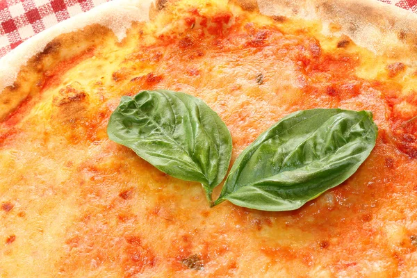 Pizza com mussarela e tomate e folhas de manjericão fresco no I — Fotografia de Stock