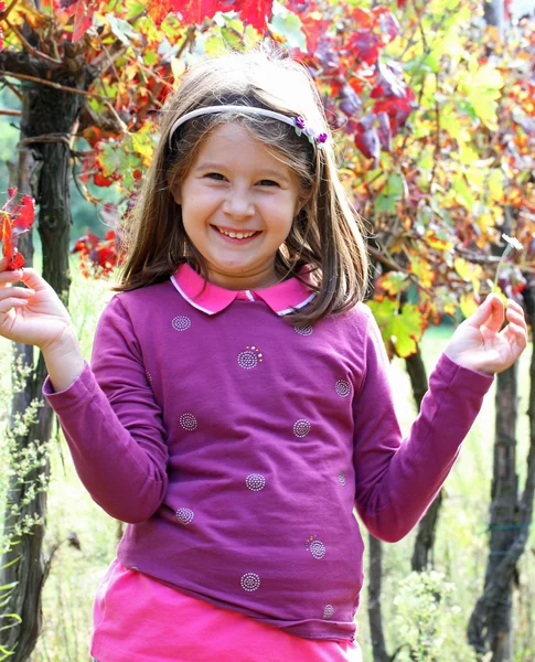 Sonbahar bağ içinde sevimli küçük kız — Stok fotoğraf