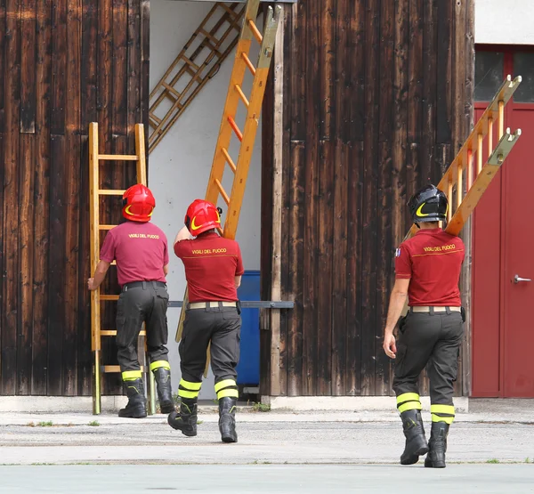 消防队员在火灾演习中的装入快木梯 — 图库照片