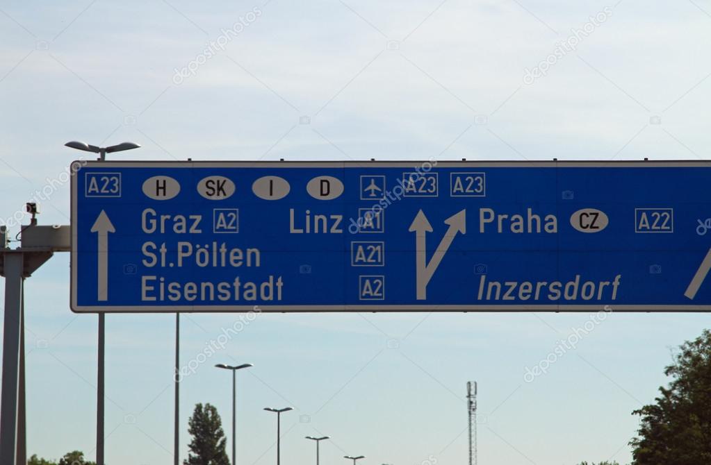 highway sign in austria with directions to reach the European ci