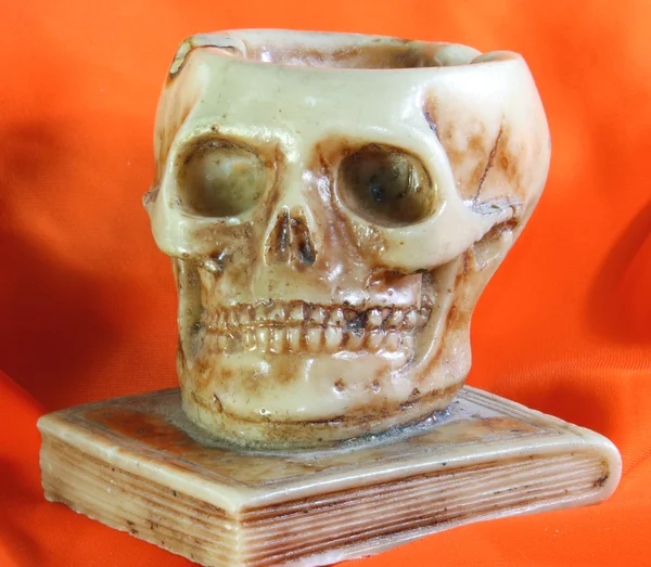 古代の本とオレンジ色の背景上の頭蓋骨 — ストック写真