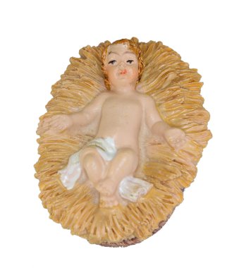 Bebek İsa beşik ve beyaz arka planda