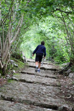 Çocuk tek başına ormanda yürüyüş