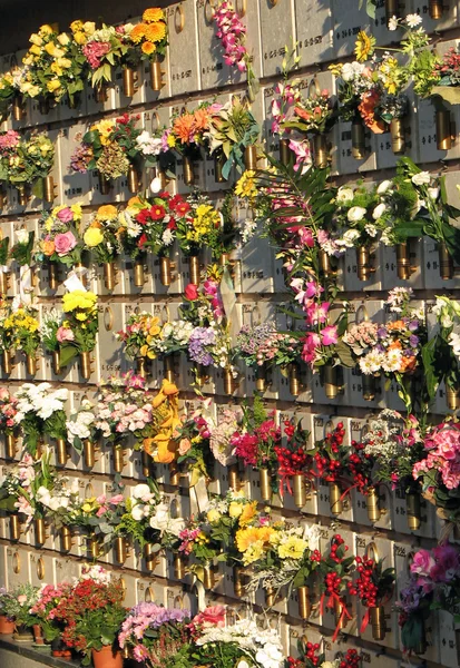 Muitas lápides e túmulos no cemitério com muitas flores — Fotografia de Stock