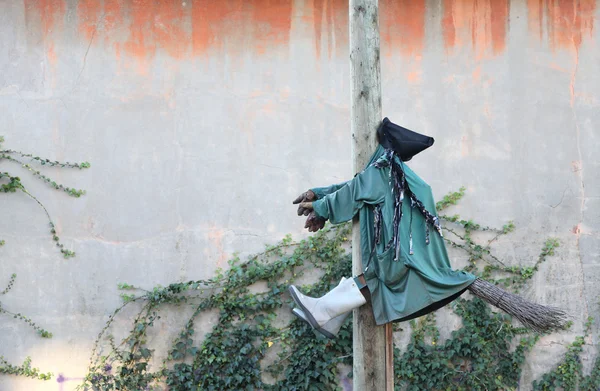 Strega su un palo con la scopa — Foto Stock