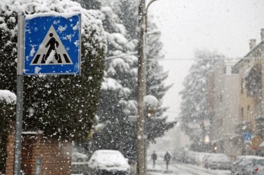 yaya geçidi işaret dağ köyünde kar fırtınası sırasında