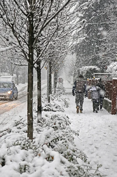 Caminhadas em família na calçada da cidade durante uma queda de neve copiosa — Fotografia de Stock