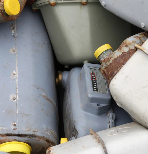 Obsolete disused gas counters in a landfill of toxic waste speci — Stock Photo, Image