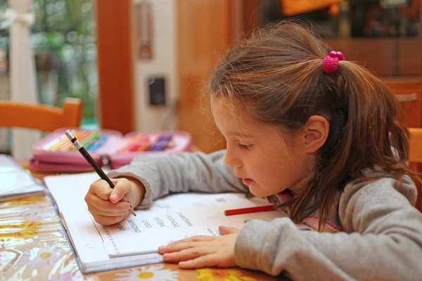 Küçük kız ödev defter üzerinde yazar. — Stok fotoğraf