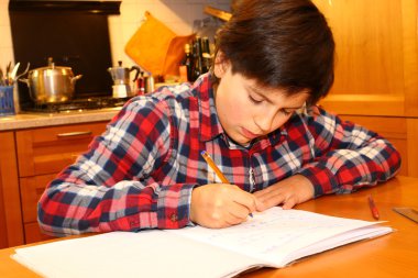 genç çocuk onun defter üzerinde yazıyor