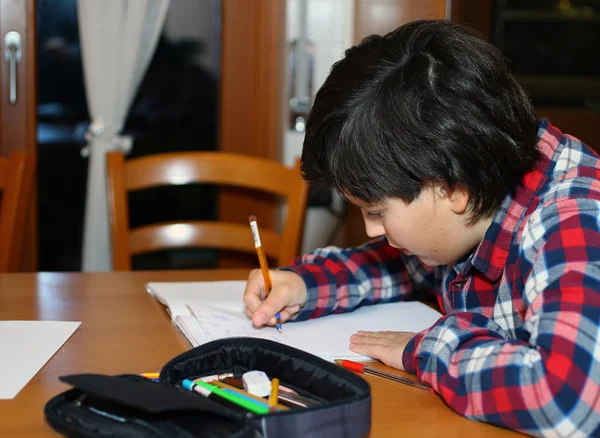 Junge schreibt zu Hause auf sein Notizbuch — Stockfoto