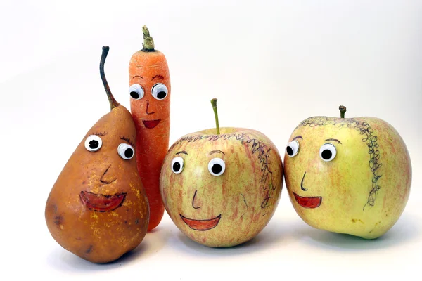 PEAR and carrot and two apples with big eyes — Stock Photo, Image