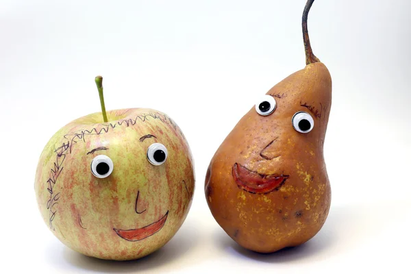 Pair of fruits: Apple and PEAR with big eyes — Stock Photo, Image