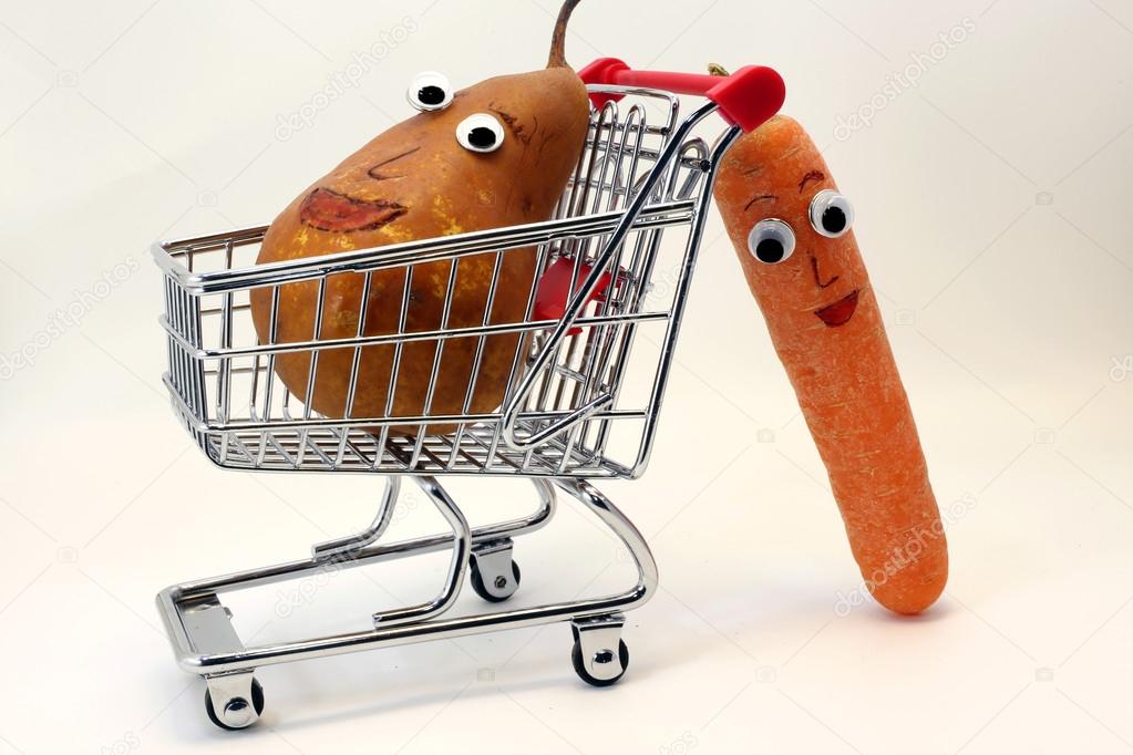 carrots pushes the shopping cart with a PEAR with eyes