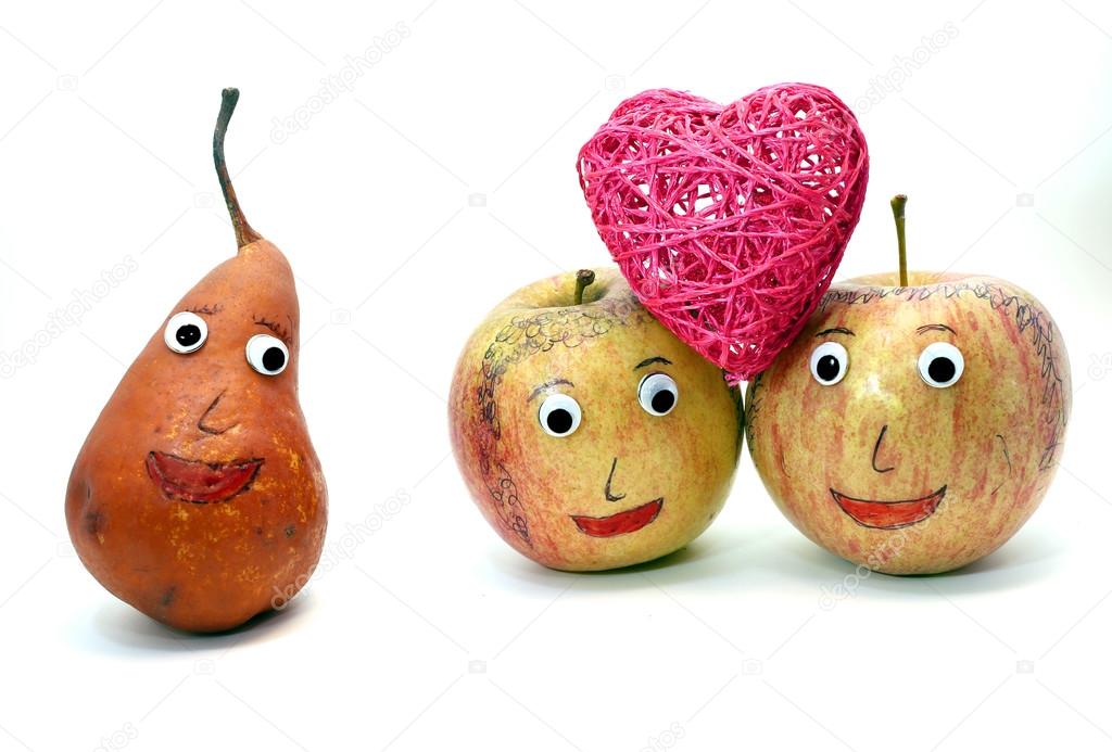 two apples with the heart and a PEAR