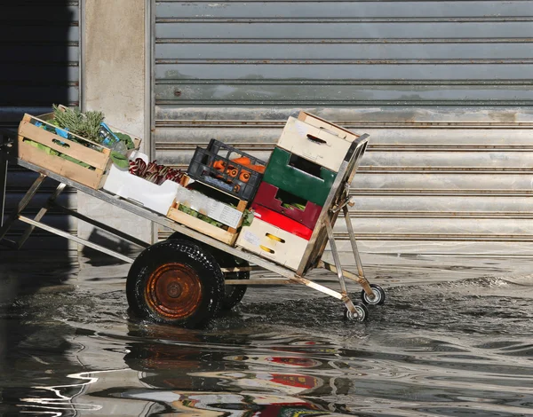 Carrinho para transportar o fruto em Veneza durante o dilúvio — Fotografia de Stock