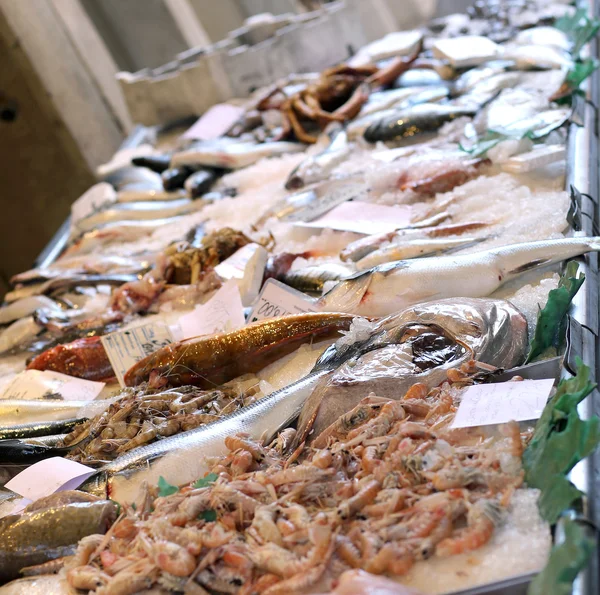 Fisk till salu i montern av fiskhandlare på en marknad — Stockfoto