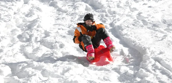 Criança brinca com trenó na neve no inverno — Fotografia de Stock