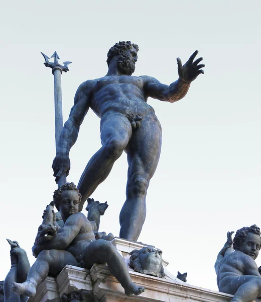 Bologna, Italy, statue of Neptune naked with Trident and little — Stock Photo, Image