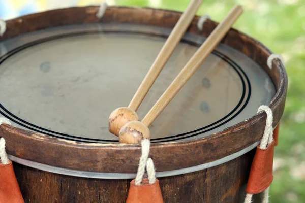 Ancient medieval drum with Sheepskin Stock Picture