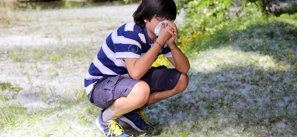 Jongen met stuifmeel allergie met zakdoek — Stockfoto