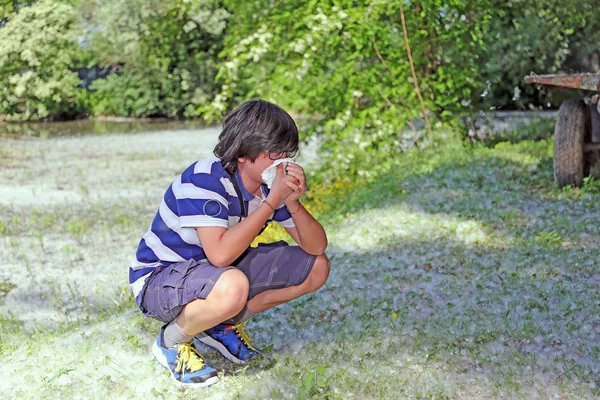 Chłopiec z alergii pyłki z chusteczką w dłoni — Zdjęcie stockowe