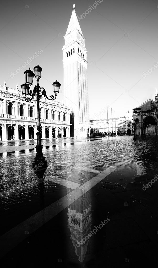 high Campanile of Saint Mark in Venice black and white