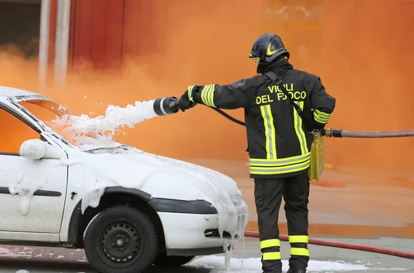 Bomberos durante el ejercicio para apagar un incendio en un coche —  Fotos de Stock