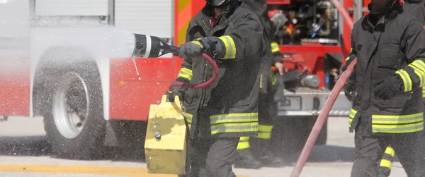 Bomberos con el extintor de incendios durante una sesión de práctica en —  Fotos de Stock