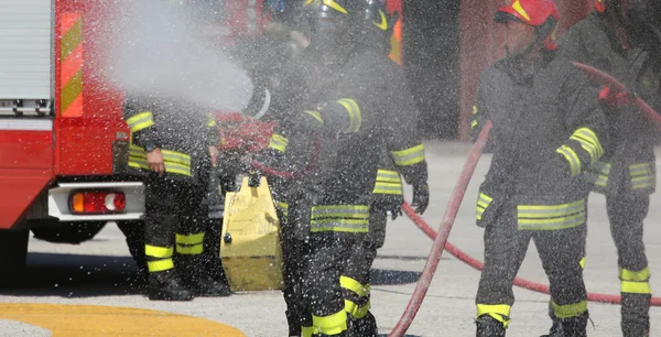 Bomberos con el extintor de incendios durante una sesión de práctica —  Fotos de Stock