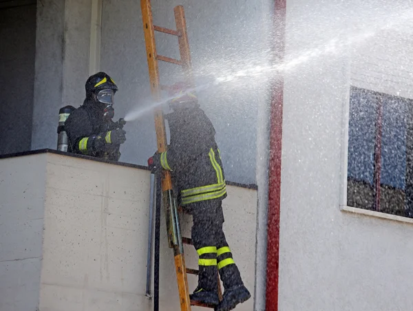 Firefighter sprays water with the spear fighting during the exer — Stock Photo, Image